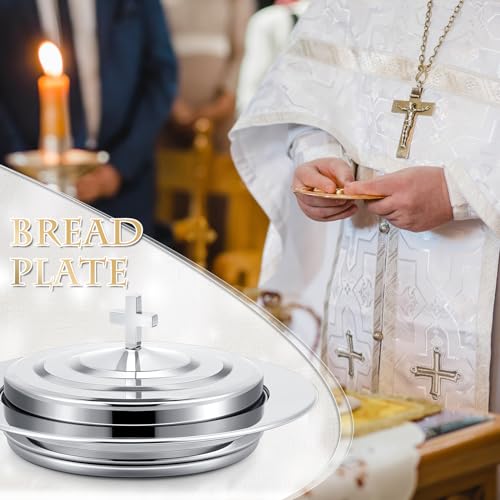 Zhehao 2 Plates Silver Communion Set, Holy Trays with Lid, Stainless Steel Bread Tray Plates for Churches, Holy Communion Tray with Cover, Polished Church Supplies Ware Sets