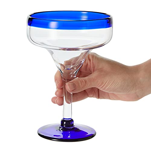 Set Of 4 Hand Blown Mexican Margarita Glasses With Cobalt Blue Rim (14 Oz) #TOP2