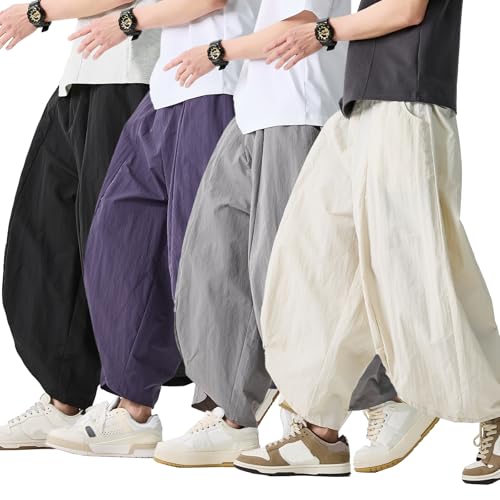GURUNVANI Men’s Split Hem Wide Leg Pants Elastic Waist Loose Fit Beach Harem Trousers3