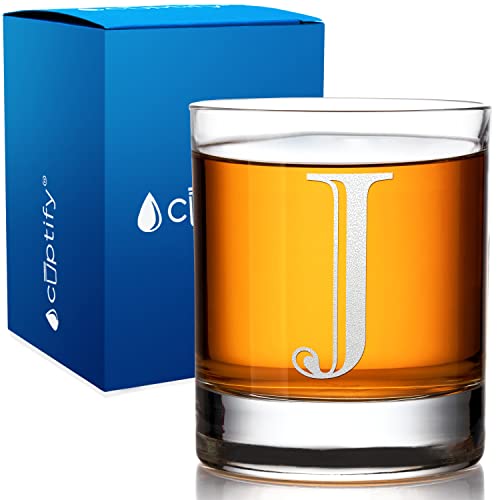 Monogram Initial Letter J Etched Whiskey Glass 10.25 oz Rocks Cocktail Glass Etched Personalized Gifts for Men and Women