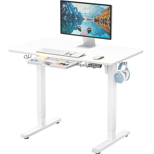 Image of SHW 40-Inch Electric Height Adjustable Standing Desk with Drawer, Memory Preset and Cable Management Tray, White