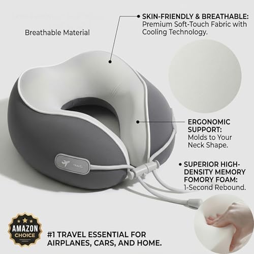 Image of Kids Travel Pillow with Cool Material,Neck Pillow for Traveling 100% Pure Memory Foam,Travel Neck Pillow with Zipper Box, Airplane Pillow for Traveling,Travel Essentials (Kids Pillow-Grey)