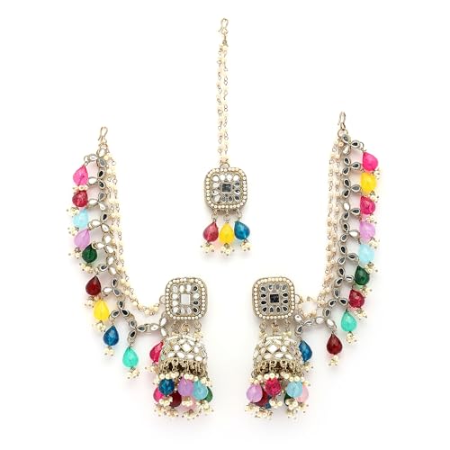 Image of ZENEME Traditional Gold Plated Kundan And Pearl Beaded Baahubali Jhumkas With Multi Layered Ear Chain Earrings for Women & Girls