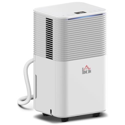 HOMCOM Deshumidificador 10L/día, Depósito 2L, Silencioso, Deshumidificador Eléctrico con 3 Modos, Pantalla LED, Temporizado 24 H, Bloqueo Infantil y Drenaje Continuo, hasta 8-12㎡, Blanco