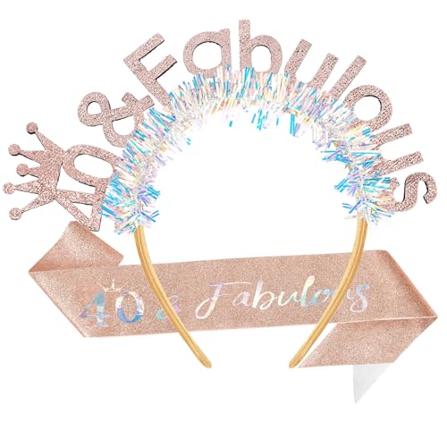 AOPRIE 40 & Fabulous Birthday Sash for Women Birthday Tiara & Crowns Headbands for Girls Happy Birthday Accessories Favor Supllies Rose Gold, 2 Pack