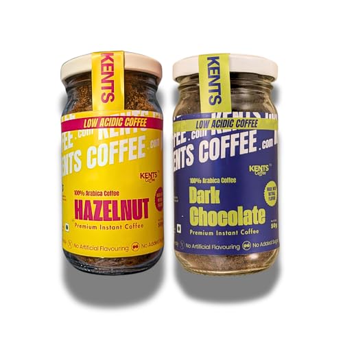 Image of Kents Coffee Combo - Hazelnut & Dark Chocolate Instant Coffee 2 x 50g Jars | LOW ACIDIC COFFEE COMBO |100% Arabica Coffee | No Added Sugar | 90 Cups Serves | CHIKMAGALUR | SINGLE ESTATE | Perfect for Hot & Cold Cups | Espresso, Latte & Flavoured Brew | No Artificial Flavour