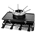 MaxxHome - Raclette, Fondue, Parrilla eléctrica de mesa, 1400 W, Para 8 personas, 8 sartenes, Parrilla extraíble con juego de fondue y placa de piedra, 8 soportes de madera, negro