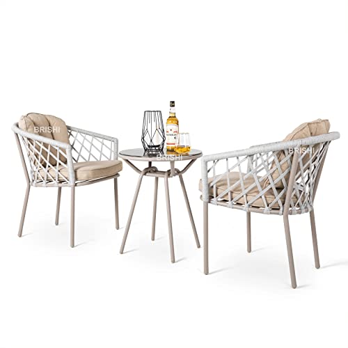 Image of BRISHI Garden Patio Seating Chair and Table Set Outdoor Balcony Garden Coffee Table Set Furniture with 1 Table and 2 Chairs Set with Cushion Braid & Rope (Grey)
