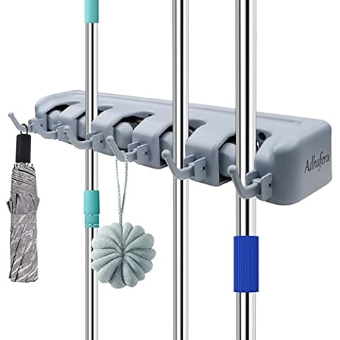 Adhafera Broom Holder Wall Mounted, Mop Holder Tidy Organizer, Mop and Broom Holder, Utility Room Storage Solutions, Brush Holder with 5 Positions and 6 Hooks, for Garage Garden Kitchen Tools Storage Cover