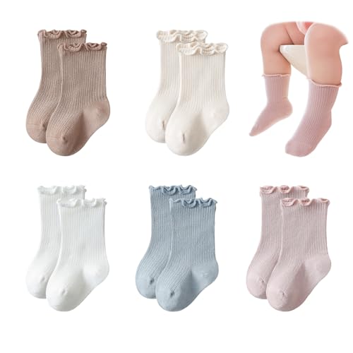 Image of VIAOKUTH Baby Girls Socks Newborn Frilly Ruffle Cotton Infant Cute Princess Socks for Toddler Dress 5 Pairs