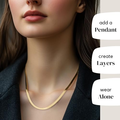 KISPER Solid 925 Sterling Silver 24k Gold Plated Herringbone Necklace for Women & Men, Italian Diamond-Cut 3mm Snake Chain Necklace, Made in Italy, 16-30 Inches3