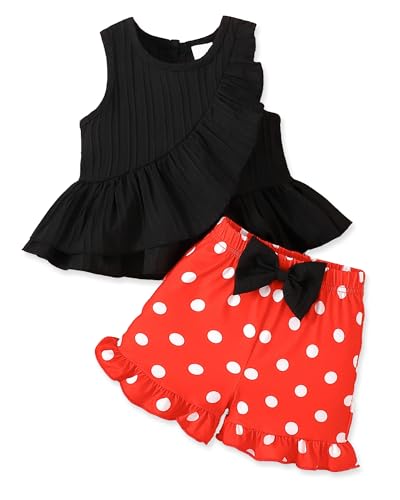 Image of AuralBabe Toddler Baby Girl Clothes Summer Outfits Infant Sleeveless Ruffled Vest Top Shirts Cute Bow Short Sets 2Pcs