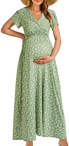OUGES Summer Maternity Maxi Dress Wrap V Neck Baby Shower Nursing Dresses Breastfeeding(Floral-8, X-Large)