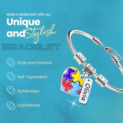 Infinity Collection Personalized Autism Awareness Name Bracelet – Adjustable Snake Chain with Puzzle Heart Charm and Customized Engraved Name Tag – Gift for Moms, Teachers, Friends, and Supporters4