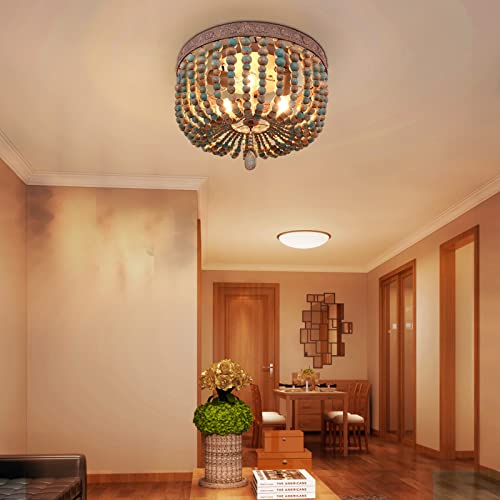 Jeuneu Bohemia Wood Beaded Flush Mount Ceiling Light Antique Rustic Pendant Light Blue Finishing For Bedroom Kitchen Island Farmhouse Hallway Entryway Passway Dining Room 3-Light #TOP2