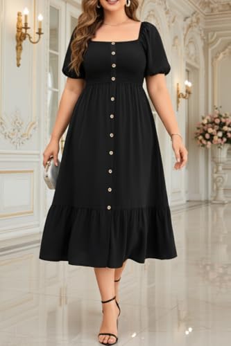 Image of Plus Size Summer Dresses - Boho Casual Wedding Guest Midi Flowy Short Sleeves Smocked Button Down Dress for Curvy Women
