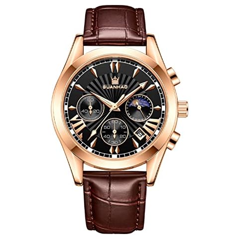 GUANHAO Casual Mens Watches Multifuncion Dial with Seconds Minutes Moon Phase Subdials, Analogue Quartz Watches, Brown Leather Band Cover