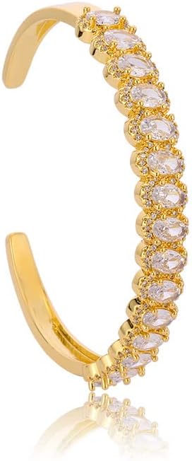 Dainty 14K Yellow Gold & Crystal Open Cuff Bangle for Women, Pave Setting with Natural Oval Crystal, Elegant Open Bangle Bracelet, Stylish Christmas Jewelry Gift, Classic Dress Accessory - Image 3