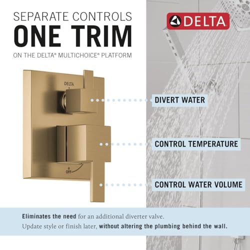 Image of Delta Modern 14 Series Square Rain Shower System Faucet Set, Rainfall Brushed Gold Shower Head and Handle Set, Valve Trim Kit, 10 Inch, Champagne Bronze 342701-CZ