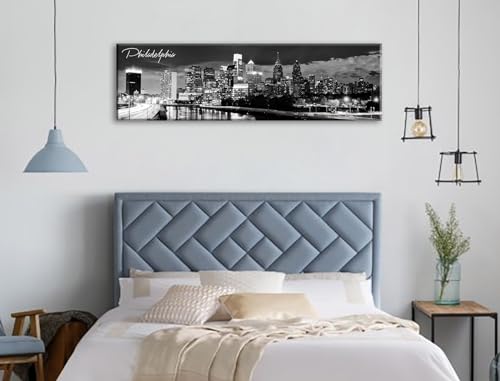 Image of DJSYLIFE Philadelphia Skyline Canvas Art, 13.8 inchx47.3 inch, Black & White | Cityscape Wall Decor, Modern Panoramic Night View Print, For Living Room, Office, Bedroom, Ready to Hang