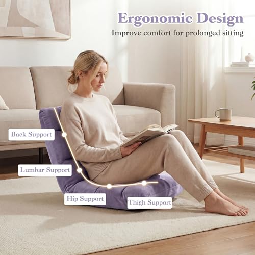 Image of Giantex Folding Floor Chair with Back Support, 14 Adjustable Position, Padded Sleeper Bed, Couch Recliner, Gaming Video Chairs for Adults, Meditation, Living Room (Lavender)