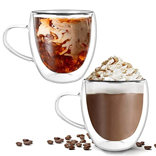 ProChosen Coffee Glasses Cups,Double Walled Glass Coffee Mugs with Handle,2x250ml Cappuccino Latte Cups for Milk Tea, Heat Resistant, Hand Made, Dishwasher Safe