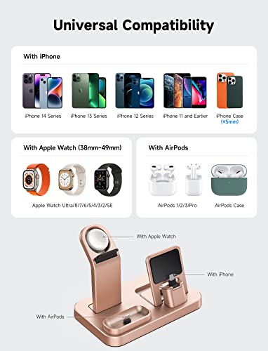 Rjr Updated 3 In 1 Charging Station For Apple Devices, Self Adjusting Charging Dock For Iwatch 8 7 6 Se 5 4 3 2 1, Built-In Charger Stand For Iphone Airpods Gifts (With 15W Adapter) Rose Gold #TOP6