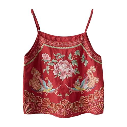 bbetqgh Camiseta de lino para mujer, cuello redondo, sin mangas, con bordado floral, de algodón y lino, ligera, holgada, casual, elegante, para salir, traje de fin de semana, rosso, M