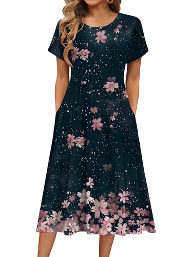Image of HOTOUCH Women's Summer A-Line Midi Dresses 2026 Casual Floral Short Sleeve T-Shirt Dress Flowy Beach Sundress with Pockets