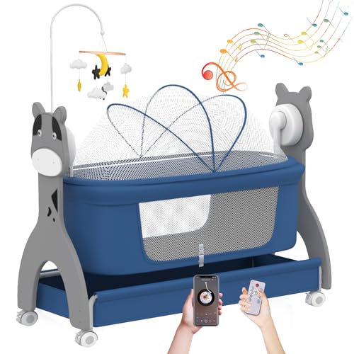 Image of Electirc Baby Bassinet, Rocking Baby Crib with Locking Wheels, Baby Bassinets Bed Sleeper for Newborn with Remote Connection,Portable Baby Cradle for Infant with 3-Speed Swing and Timer,Bluetooth