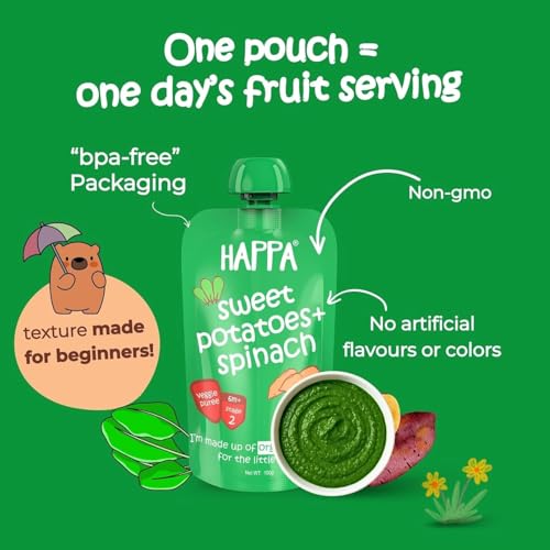 Image of Happa Organic Baby Food Sweet Potato and Spinach Puree | 100% Fruits and Vegetables | No Added Sugar, No Milk Powder, No Preservatives | Stage 2 (6 Months+) | Ready to Eat | Free from Common Allergens | Pack of 6 (100g Each)