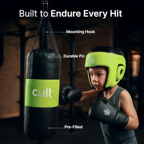Image of Cult Kids Boxing Kit with Punching Bag, Gloves & Headgear - Durable PU Leather, Safe & Comfortable Training Set for Boys & Girls Ages 5-10 - Ideal for Fitness, Discipline & Fun - Green