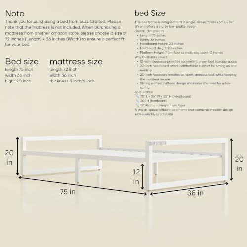 Image of Single Size Metal Bed Frame | SingleMetal Bed for Adults | Heavy Duty Iron Bed | Steel Bed Single | Single Metal Cot | White MetalBed | Platform Bed | Metal Slats | No Box Spring Needed