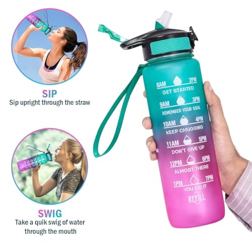 Image of Water Bottle with Motivational Time Marker, Motivational Water Bottle,Sipper Straw Drinking Reminder with BPA Free Tritan Material For Gym,Kids,Home,Office,School-Multi(1 Litre Bottle)-1Pic