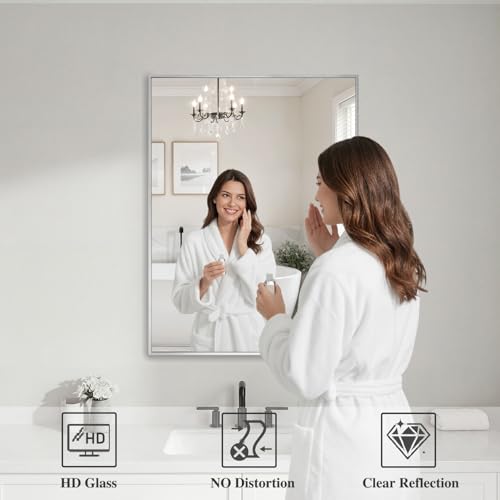 Image of Koonmi Silver Rectangle Wall Mirror, 20x30 Inch Bathroom Mirror, Aluminum Frame Vanity Mirror for Entryway, Living Room, Bedroom Bathroom, Hangs Horizontally or Vertically