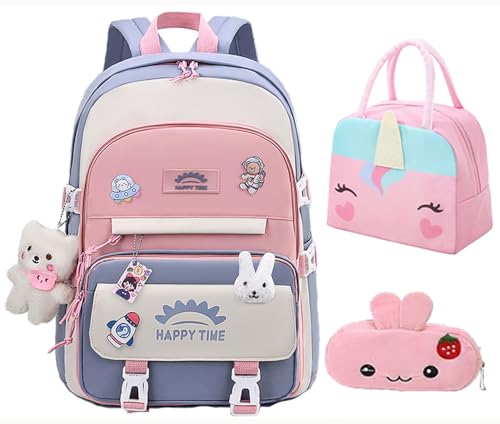 3pcs Girls Backpack, Kawaii School Backpack For Kids Children With Lunch Bag and Pencil Case (rabbit-blue)