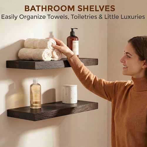 Image of Dreamland 18 Inch Long Floating Shelves Set of 2, Rustic Solid Elm Wood Floating Shelf Wall Mounted, 8 Inch Deep Wall Shelves with Invisible Bracket for Living Room Bathroom Bedroom Kitchen, Walnut