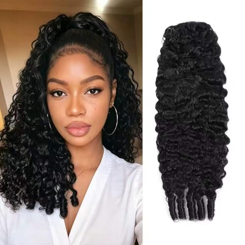 MAHKOTAKU Burmese Curly Ponytail Extensions Human Hair for Women 3C4A Curly 16A Unprocessed Burmese Human Hair Ponytail Clip Ins Drawstring Hair Pieces with Spiral Curls Natural Black Color 16 Inch