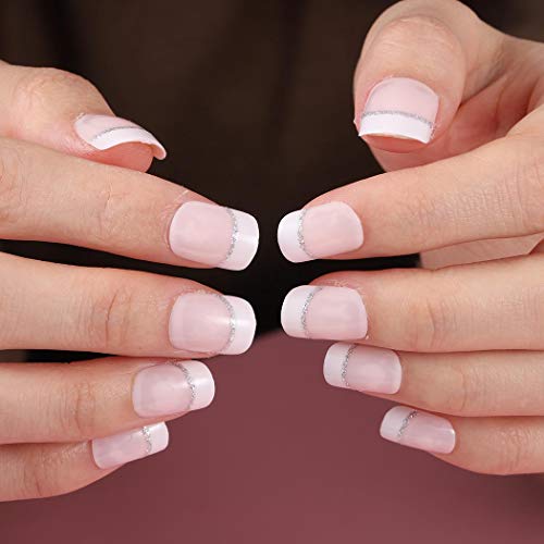 Blindery French Short Press On Nails Square Artificial False Nails Pink Glossy Glitter Fake Nails Wedding Stick On Nails For Women And Girls 24Pcs #TOP6