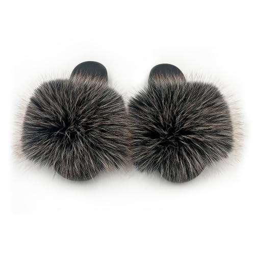 Image of Women's Faux Fur Slides Slippers Fluffy Fuzzy Sandals Open Toe Furry Slide Flip Flop Indoor Outdoor