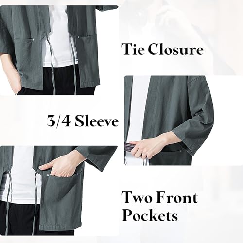 Image of Haseil Men's Kimono Cardigan Japanese Jackets Casual Cotton 3 /4 Sleeve Shirt Open Front Coat Lightweight Linen Outwear