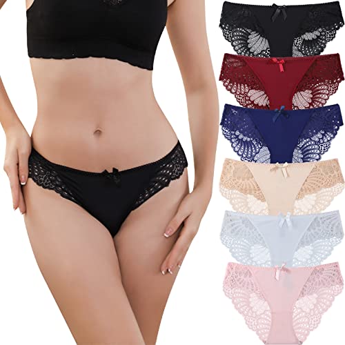 BIONEK Panties for Women Sexy Lace Bikini Panty See Through Panties Full Lace Back Breathable Underwear Pack of 6 BIONEK Panties for Women Sexy Lace Bikini Panty See Through Panties Full Lace Back Breathable Underwear Pack of 6