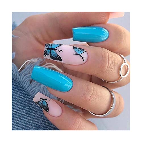 24Pcs Press on Nails Long French Blue Butterfly Gel Fake Nail Set, Reusable Girls' Manicure Set Including Jelly Glue, Nail File, Cuticle Stick.