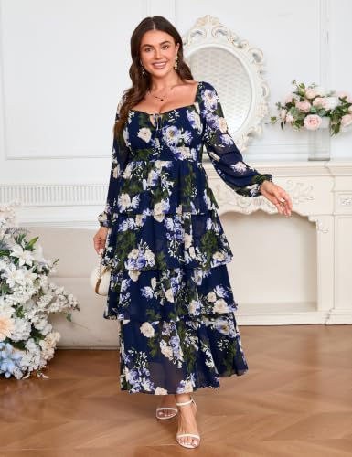 Image of EYWOL Plus Size Long Sleeve Floral Tiered Semi Formal Wedding Guest Dress