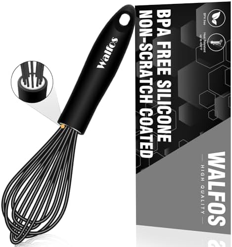 Walfos Silicone Whisk, Stainless Steel Wire Whisk - Heat Resistant Kitchen Whisks for Non-stick Cookware, Balloon Egg Beater Perfect for Blending, Whisking, Beating, Frothing & Stirring, 8.5", Black