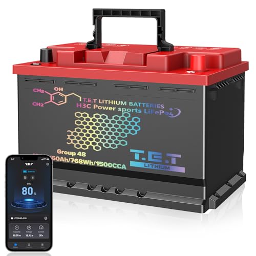 TET LiFePO4 Lithium Car Battery 12.8V 60Ah 768Wh 1500CCA BCI Group 48 H6 Ultra Lightweight Start-Stop Auto Battery with BMS Protection, Maintenance Free, Low Self-Discharge, 24 Month Warranty