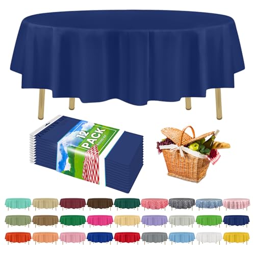 ZIMPLEWARE Lot de 12 nappes Rondes jetables en Plastique Bleu Marine de qualité supérieure (213,4 cm), nappes de fête jetables, Nappe Ronde Parfaite pour...
