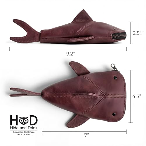 Image of Hide & Drink, Full Grain Leather Zipper Coin Pouch, Change Bag, Pencil Purse, Scissors Case, Shark Shaped Cable Holder, Wallet, Makeup, Stuffed Animal, Handmade, Sangria