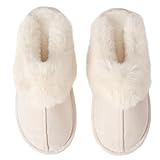 Enteer Womens Slipper Memory Foam Fluffy Soft Warm Slip On Anti-Skid House Slippers,Cozy Plush for Indoor Outdoor White US 9-10