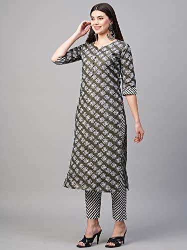 Image of GoSriKi Women's Cotton Blend Printed Straight Kurta With Pant
